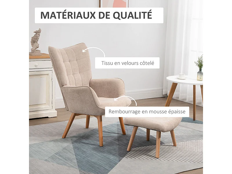 Fauteuil à oreilles et repose-pieds LEONIE velours beige