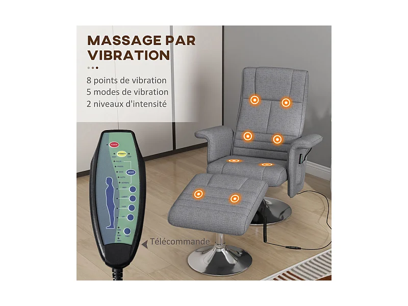 Fauteuil relax massant inclinable avec repose-pied GRAYSON gris