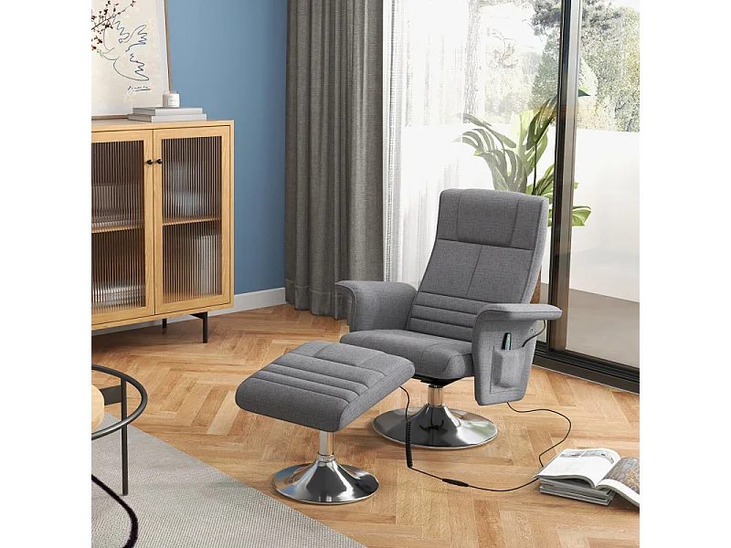 Fauteuil relax massant inclinable avec repose-pied GRAYSON gris