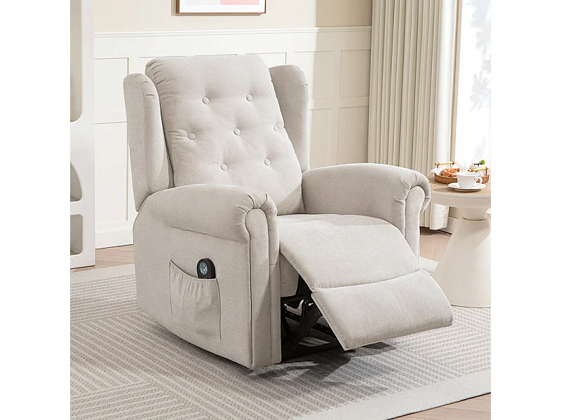 Fauteuil massant chauffant inclinable GUILIO aspect lin beige