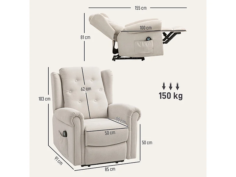 Fauteuil massant chauffant inclinable GUILIO aspect lin beige