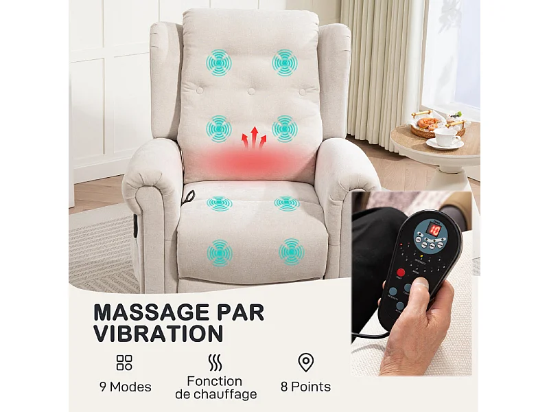 Fauteuil massant chauffant inclinable GUILIO aspect lin beige