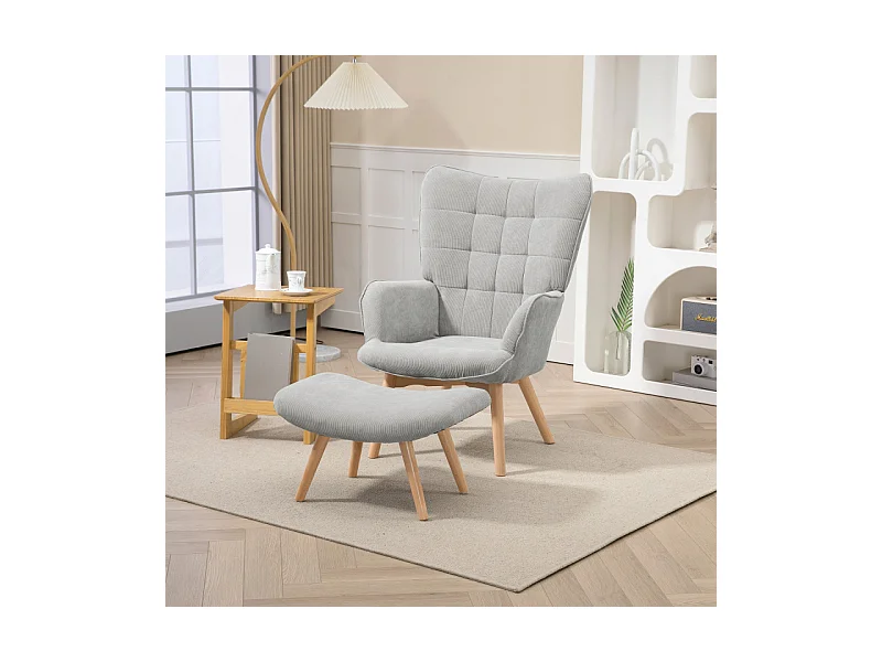 Fauteuil à oreilles et repose-pieds ANNIE velours gris