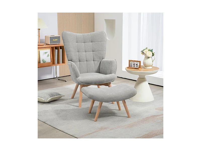 Fauteuil à oreilles et repose-pieds ANNIE velours gris