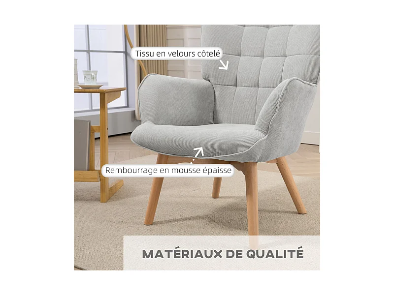 Fauteuil à oreilles et repose-pieds ANNIE velours gris