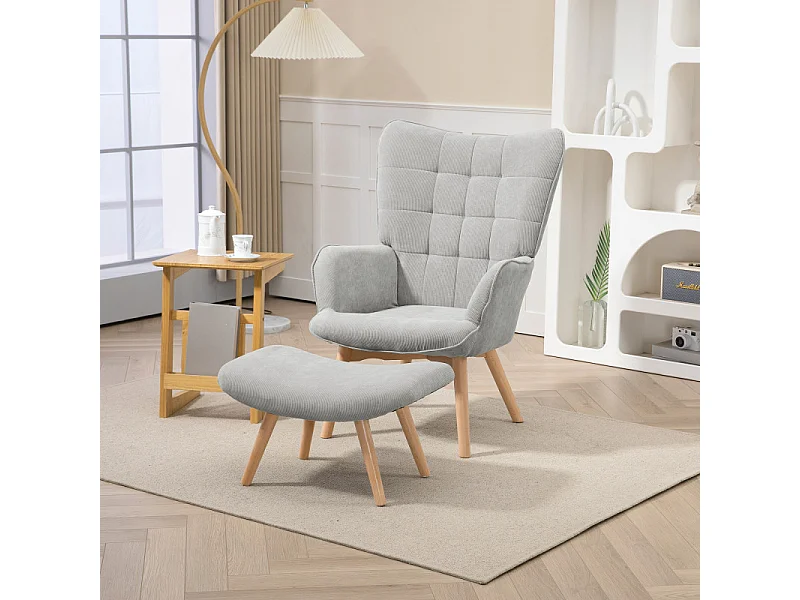 Fauteuil à oreilles et repose-pieds ANNIE velours gris