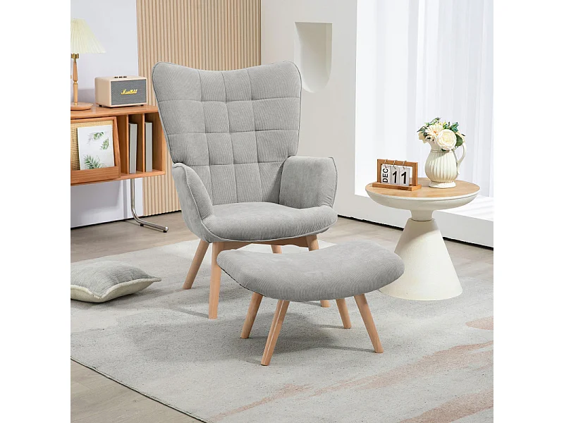 Fauteuil à oreilles et repose-pieds ANNIE velours gris