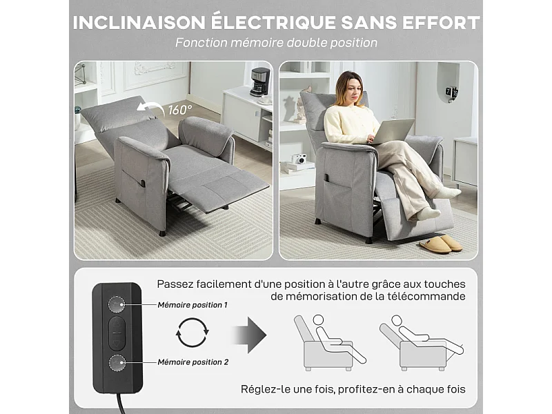 Fauteuil relax électrique inclinable LORENZO velours gris
