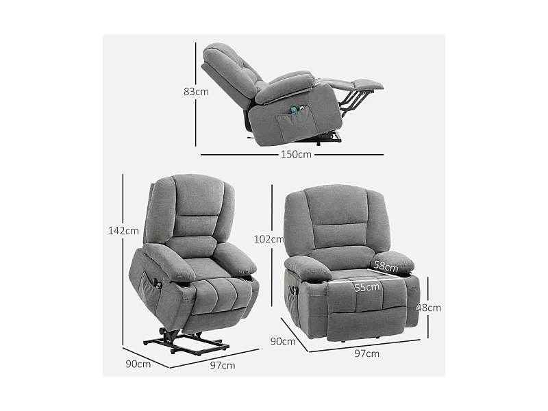 164 Fauteuil releveur électrique massant MASSIMO tissu gris foncé