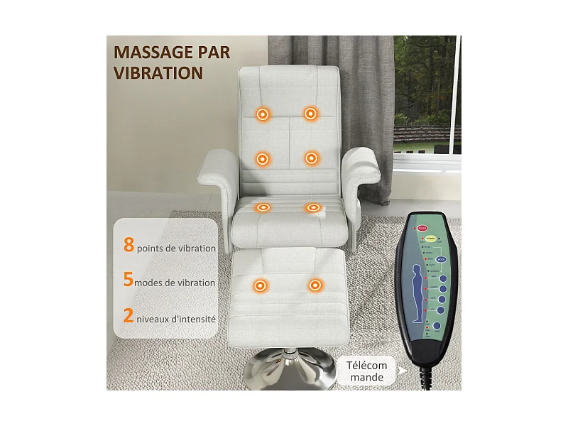 Fauteuil relax massant inclinable avec repose-pieds TYSON grège clair