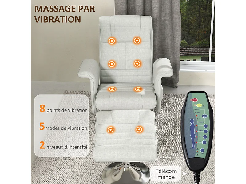 Fauteuil relax massant inclinable avec repose-pieds TYSON grège clair