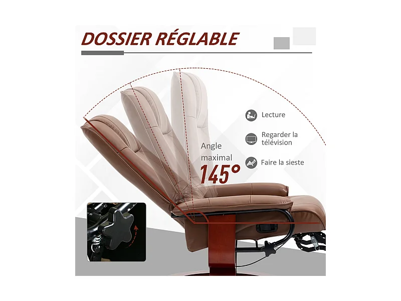 Fauteuil relax inclinable avec repose-pied NATHAN marron