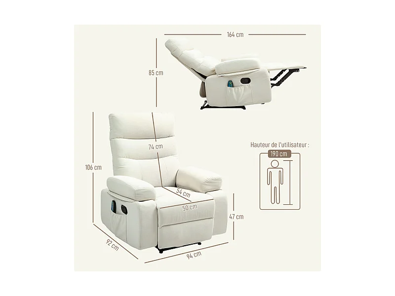 160 Fauteuil de massage inclinable chauffant VITTORIO blanc cassé