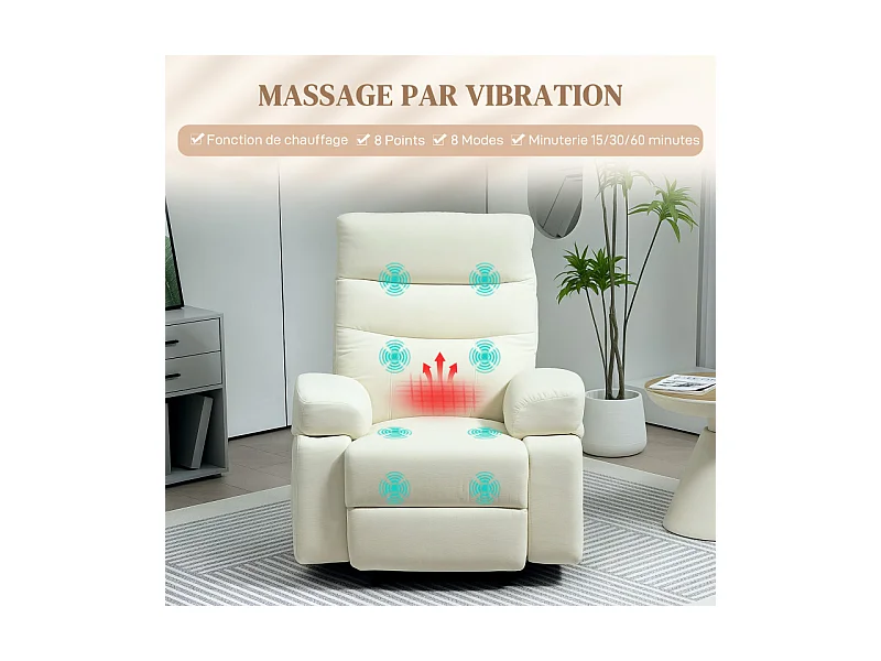 160 Fauteuil de massage inclinable chauffant VITTORIO blanc cassé