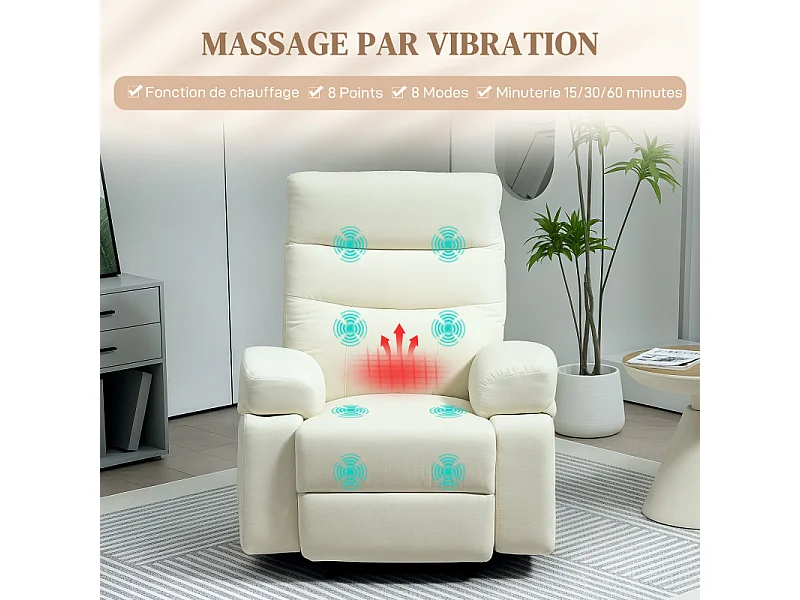 160 Fauteuil de massage inclinable chauffant VITTORIO blanc cassé