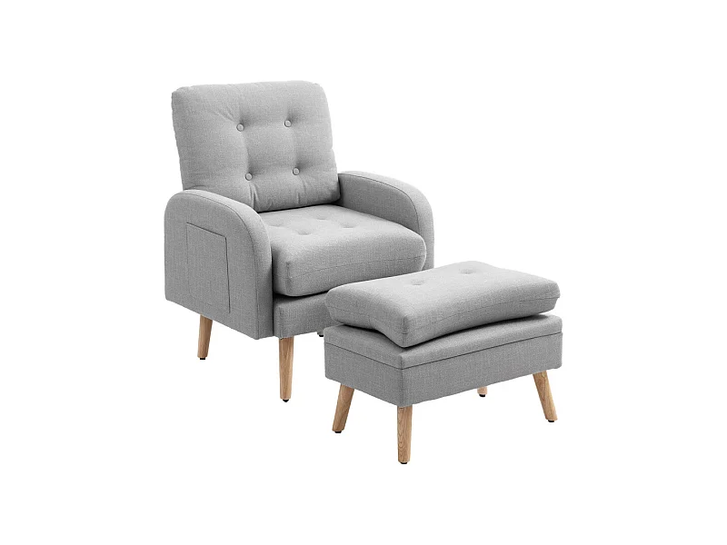 Fauteuil et repose-pieds design nordique BOLDY effet lin gris clair