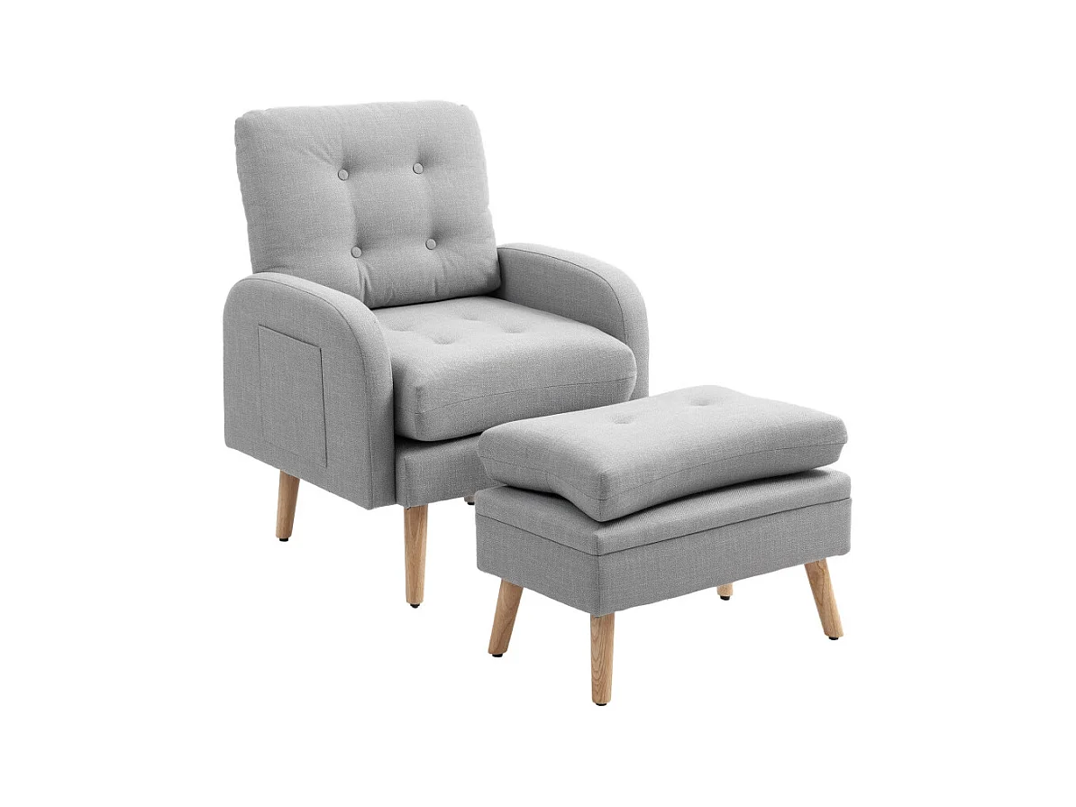Fauteuil et repose-pieds design nordique BOLDY effet lin gris clair