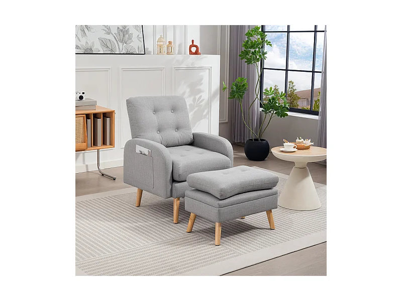 Fauteuil et repose-pieds design nordique BOLDY effet lin gris clair