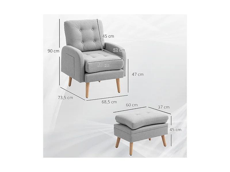 Fauteuil et repose-pieds design nordique BOLDY effet lin gris clair