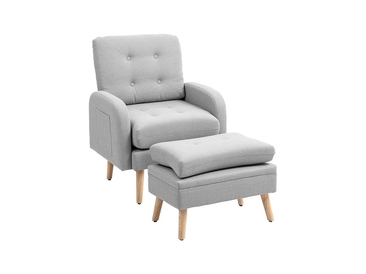 Fauteuil et repose-pieds design nordique BOLDY effet lin gris clair
