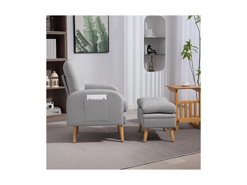 Fauteuil et repose-pieds design nordique BOLDY effet lin gris clair