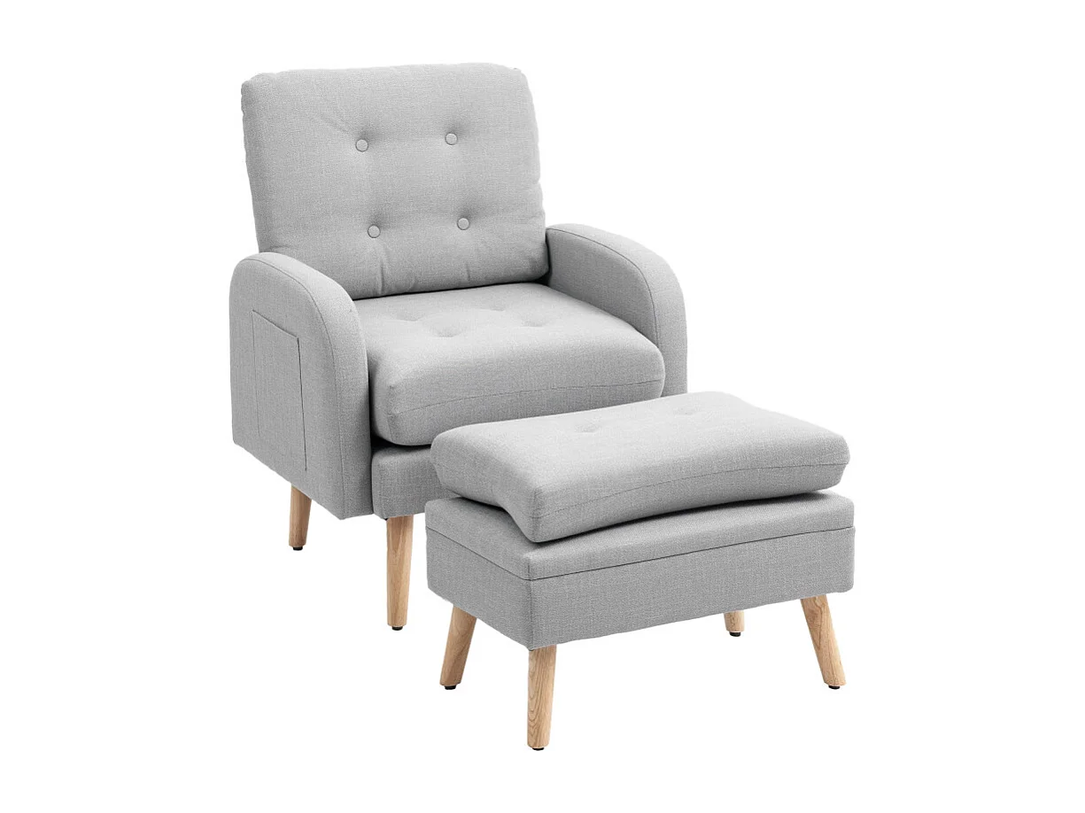 Fauteuil et repose-pieds design nordique BOLDY effet lin gris clair