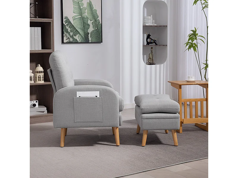Fauteuil et repose-pieds design nordique BOLDY effet lin gris clair