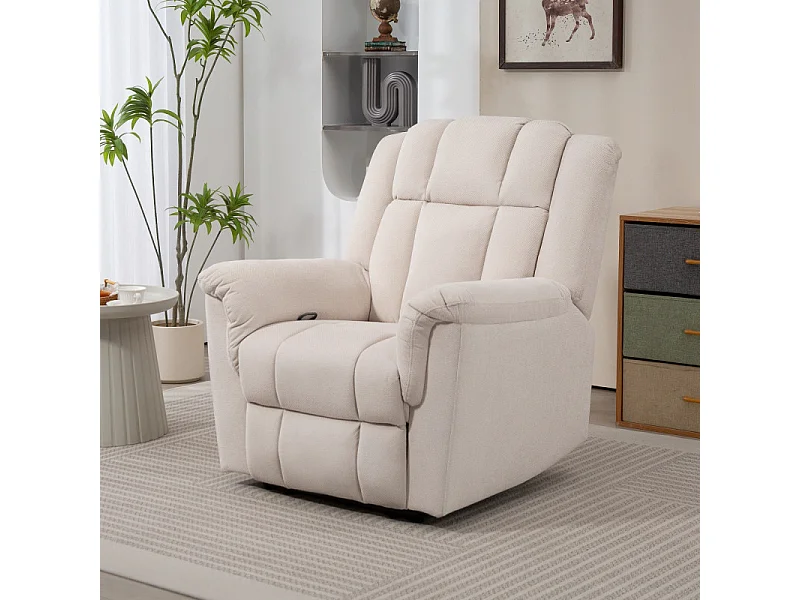 Fauteuil massant repose-pieds CAMELIA velours chenille beige