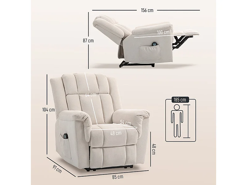 Fauteuil massant repose-pieds CAMELIA velours chenille beige