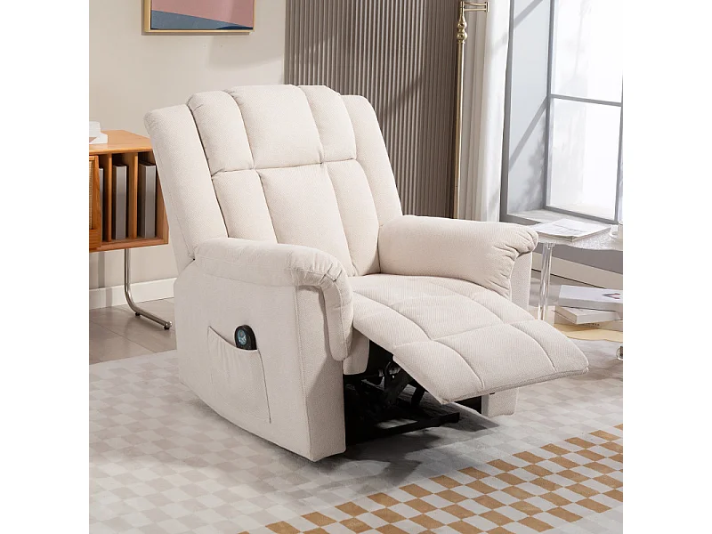 Fauteuil massant repose-pieds CAMELIA velours chenille beige