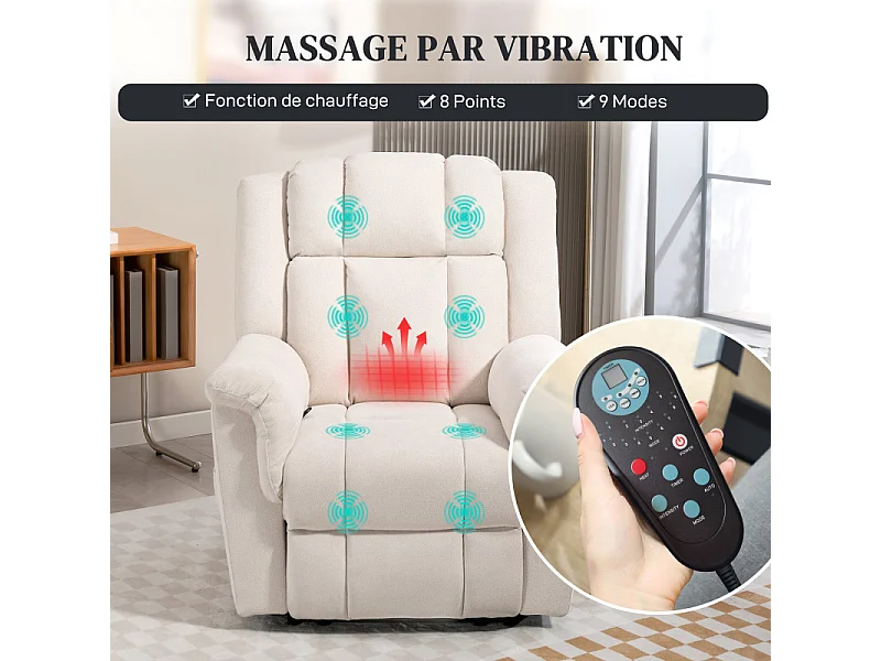 Fauteuil massant repose-pieds CAMELIA velours chenille beige