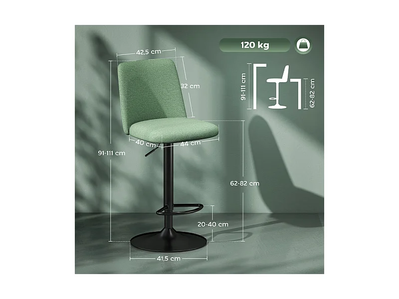 Lot de 2 tabourets de bar LYKKE tissu vert acier noir mat