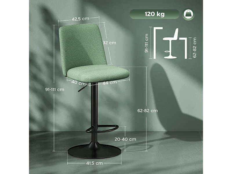 Lot de 2 tabourets de bar LYKKE tissu vert acier noir mat