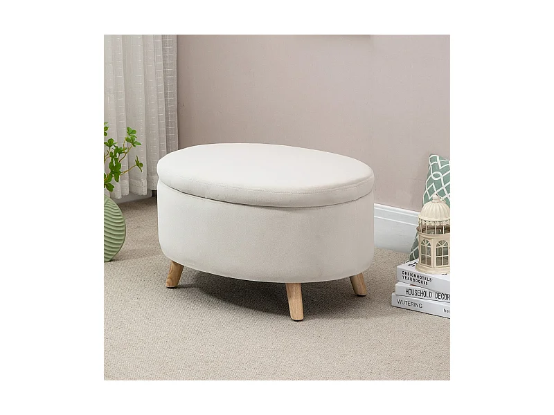 Pouf coffre de rangement piètement bois velours CAMILLE beige