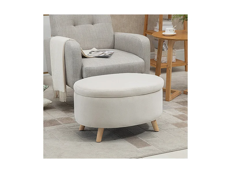 Pouf coffre de rangement piètement bois velours CAMILLE beige
