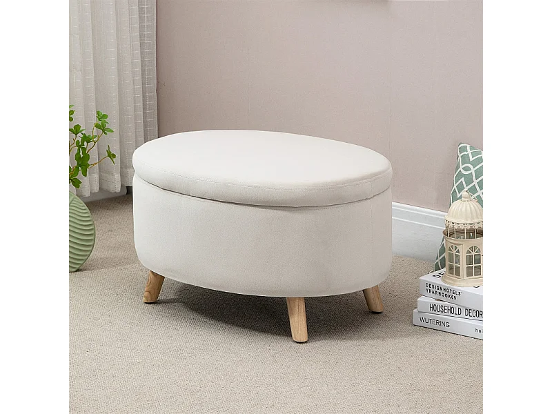 Pouf coffre de rangement piètement bois velours CAMILLE beige