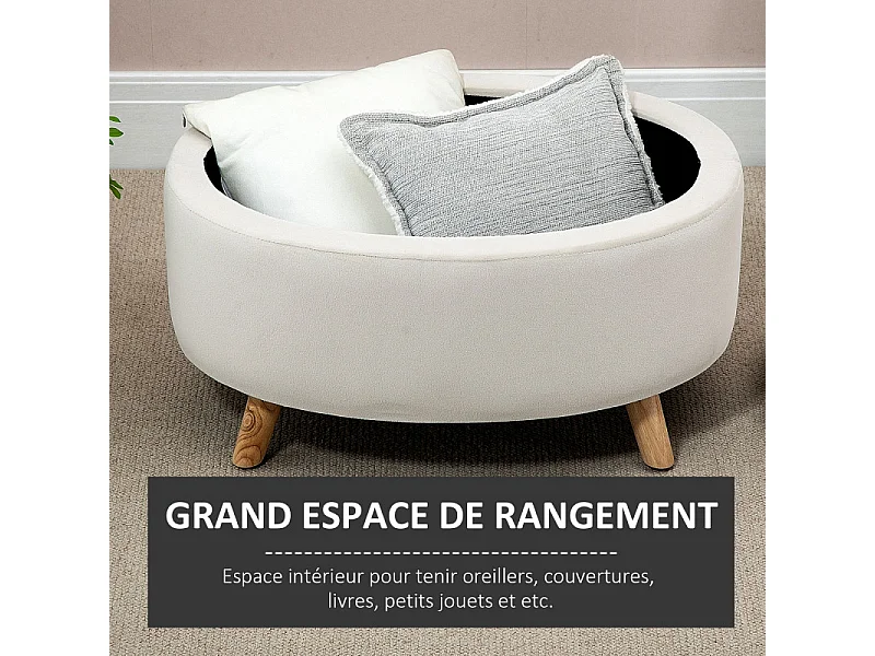 Pouf coffre de rangement piètement bois velours CAMILLE beige