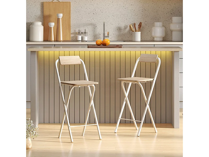 Lot de 2 tabourets de bar pliants ELOÏSE blanc et bois clair