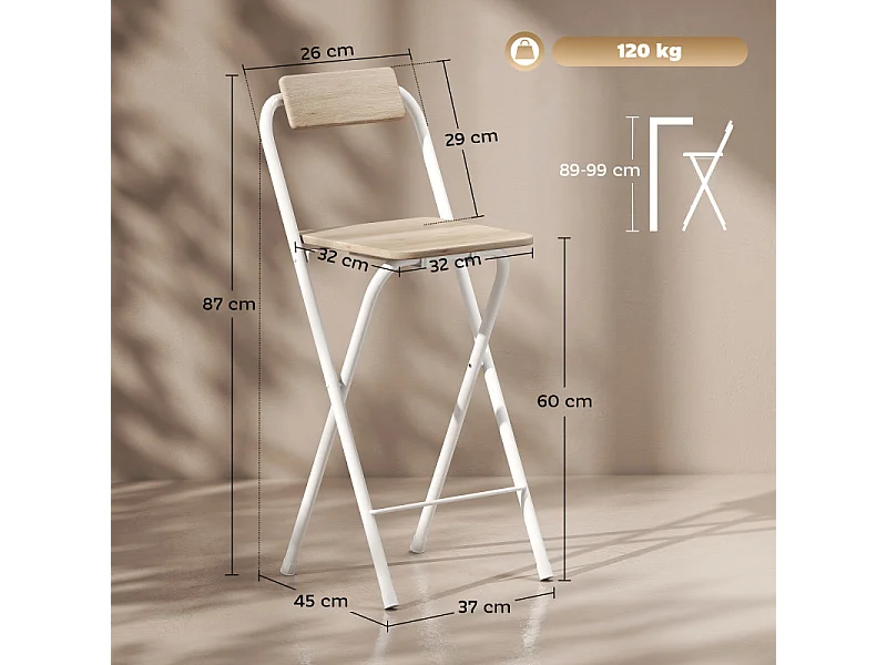 Lot de 2 tabourets de bar pliants ELOÏSE blanc et bois clair