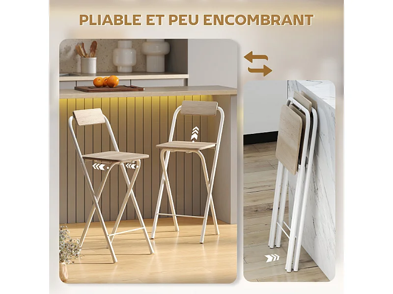 Lot de 2 tabourets de bar pliants ELOÏSE blanc et bois clair