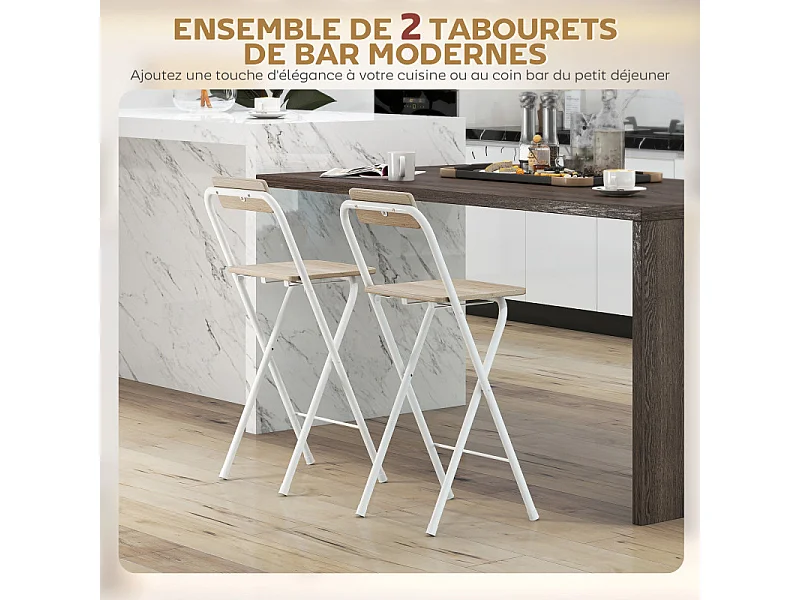 Lot de 2 tabourets de bar pliants ELOÏSE blanc et bois clair