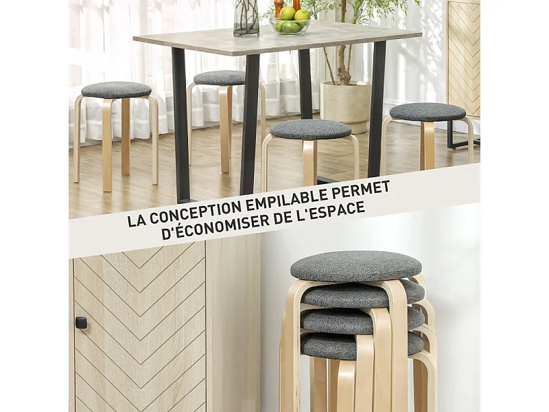 Lot de 4 tabourets empilables CALIM gris et bois naturel