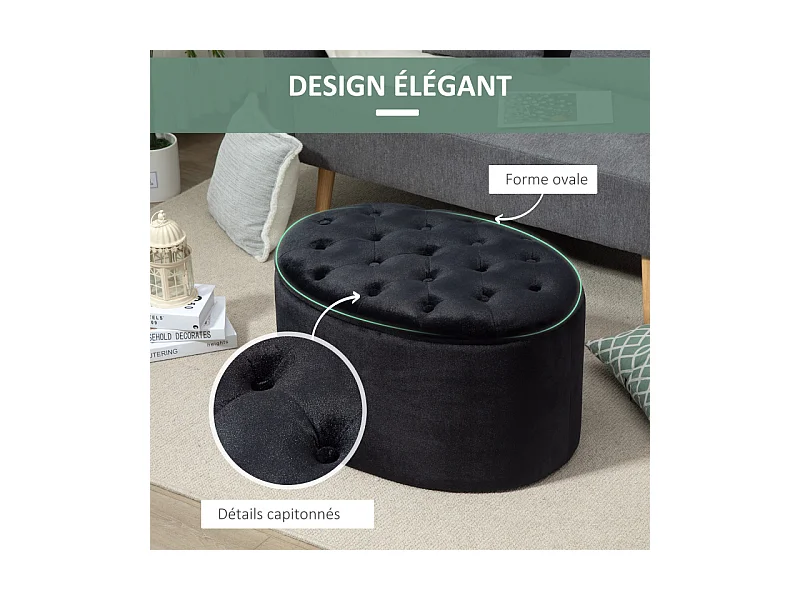 Pouf ovale style Chesterfield velours ELODIE noir
