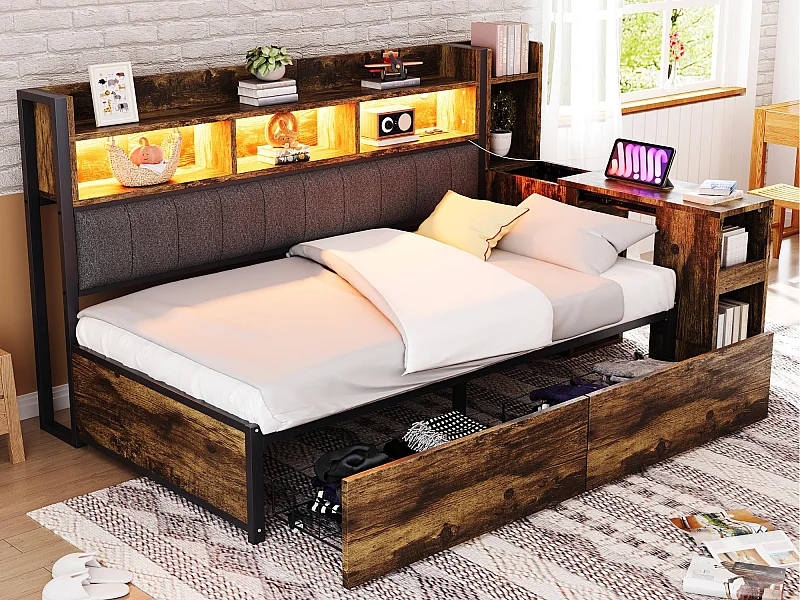 Schlafsofa 90x200 cm - mit LED-Beleuchtung und Steckdosen - mit 2 Schubladen - mit Schreibtsch ausziehbar - mit Staufächern - naturfarben