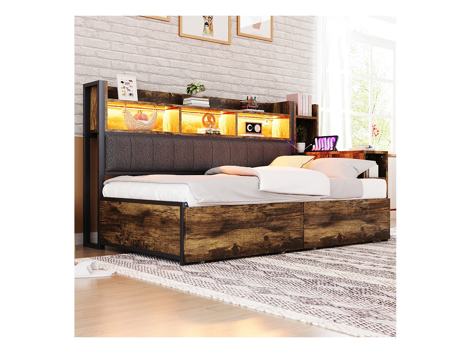 Canapé-lit 90x200 cm - avec éclairage LED et prises - avec 2 tiroirs - avec bureau coulissant - avec compartiments de rangement- naturel