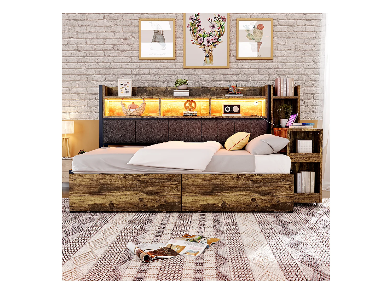 Canapé-lit 90x200 cm - avec éclairage LED et prises - avec 2 tiroirs - avec bureau coulissant - avec compartiments de rangement- naturel