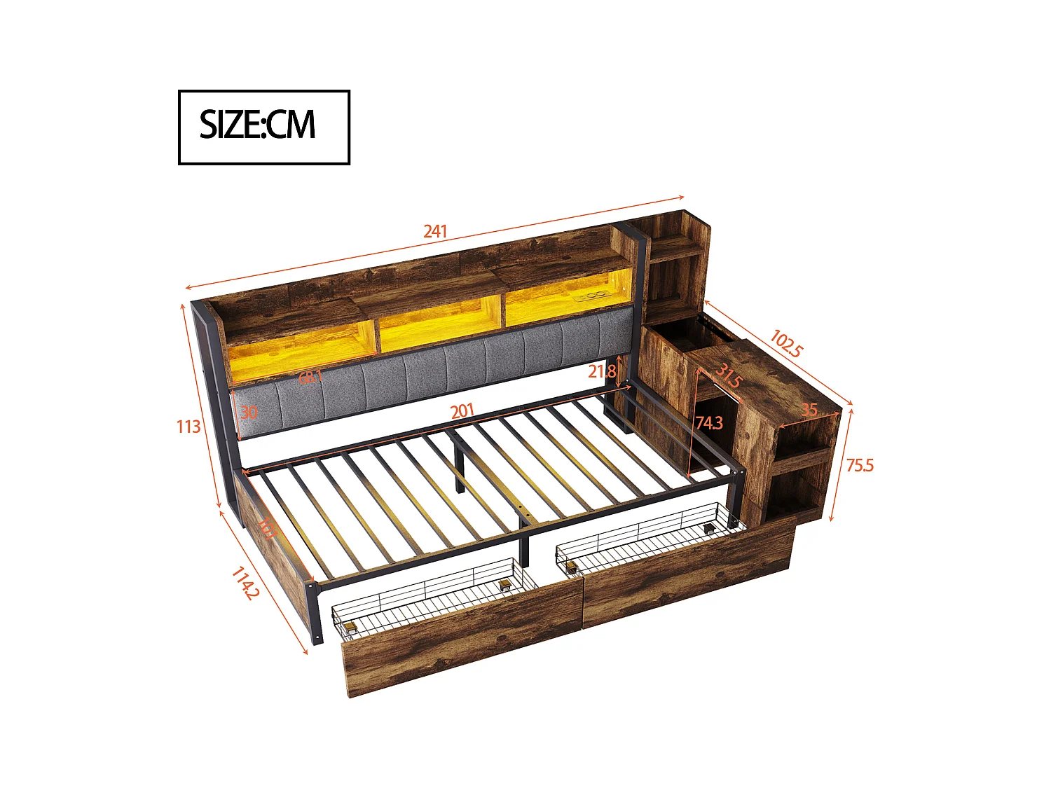 Canapé-lit 90x200 cm - avec éclairage LED et prises - avec 2 tiroirs - avec bureau coulissant - avec compartiments de rangement- naturel