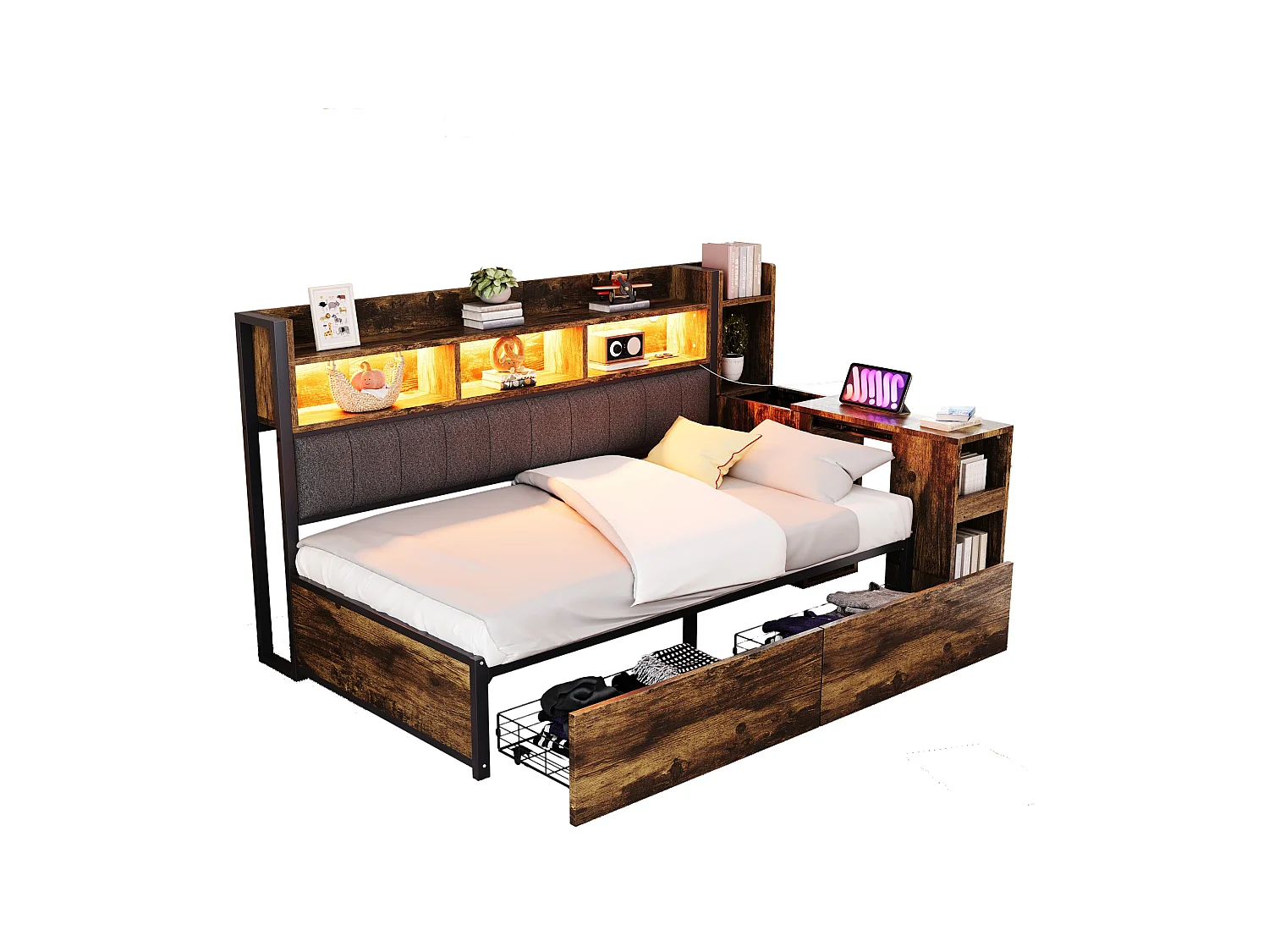 Canapé-lit 90x200 cm - avec éclairage LED et prises - avec 2 tiroirs - avec bureau coulissant - avec compartiments de rangement- naturel