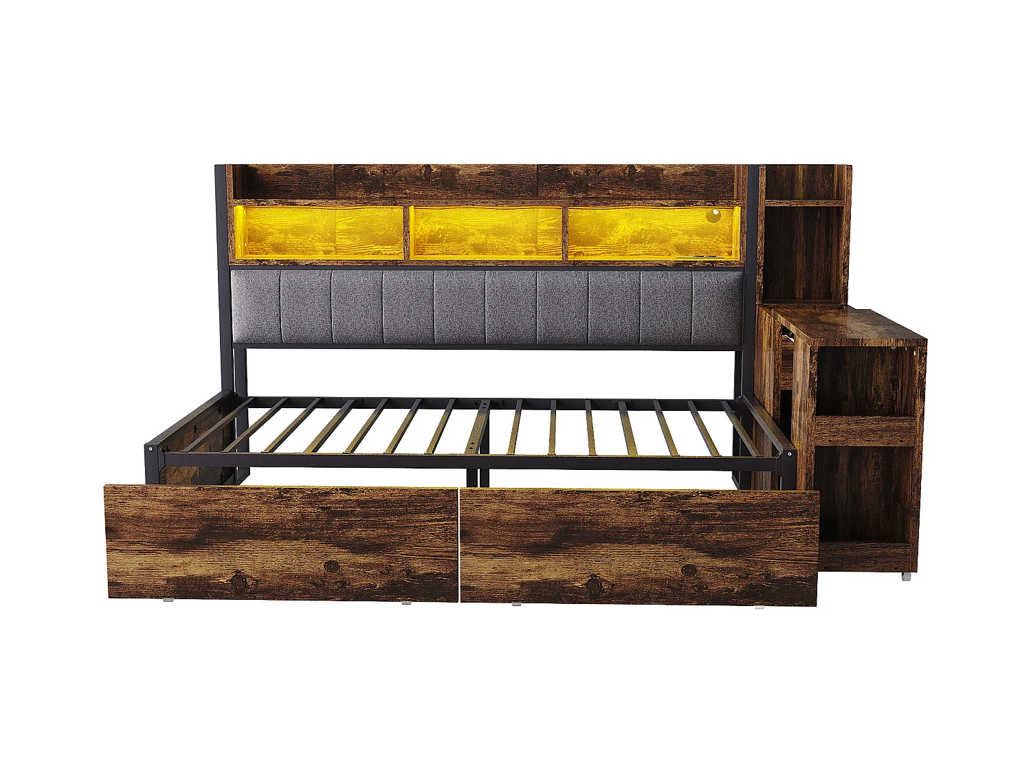 Canapé-lit 90x200 cm - avec éclairage LED et prises - avec 2 tiroirs - avec bureau coulissant - avec compartiments de rangement- naturel