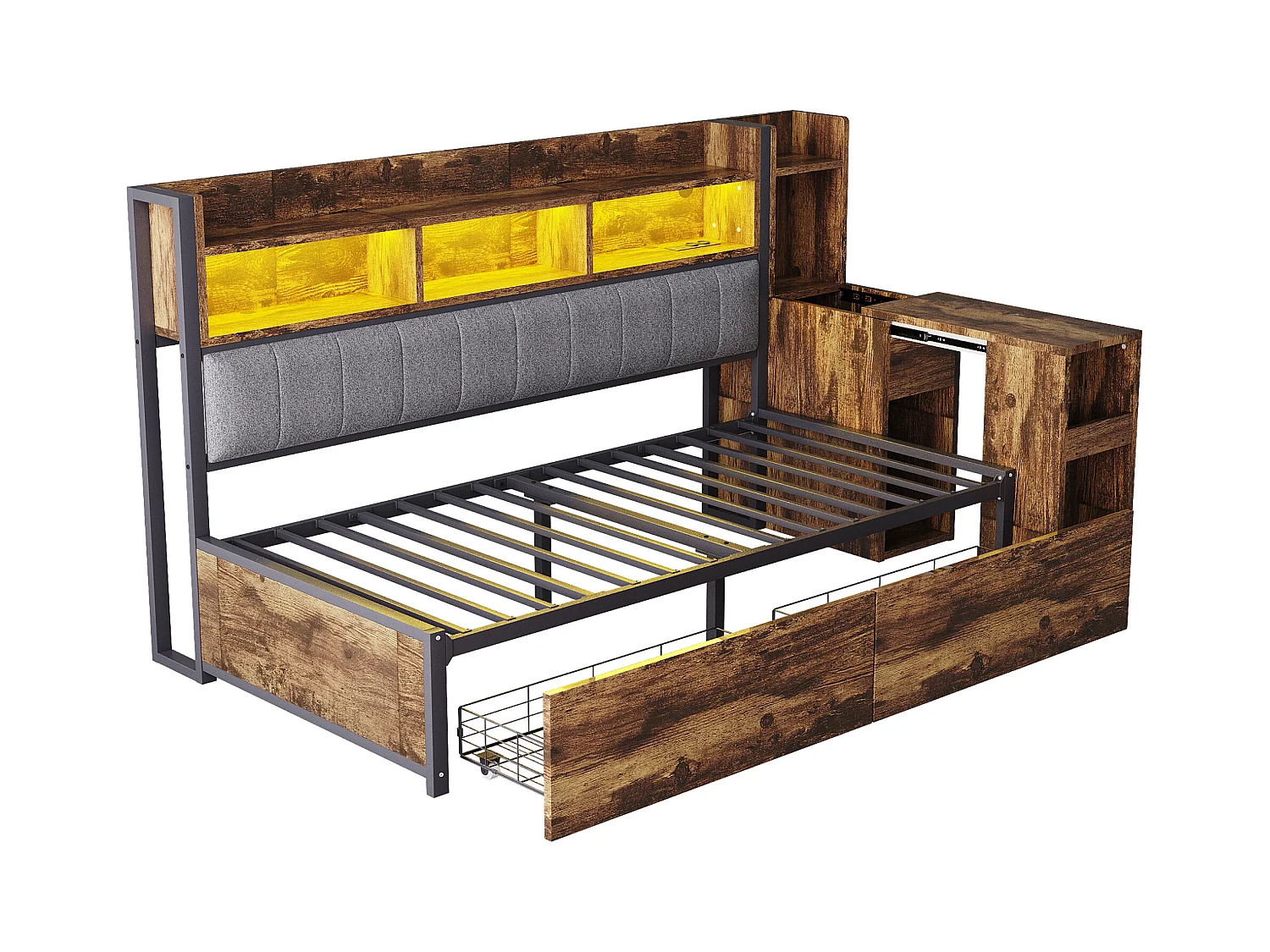 Canapé-lit 90x200 cm - avec éclairage LED et prises - avec 2 tiroirs - avec bureau coulissant - avec compartiments de rangement- naturel